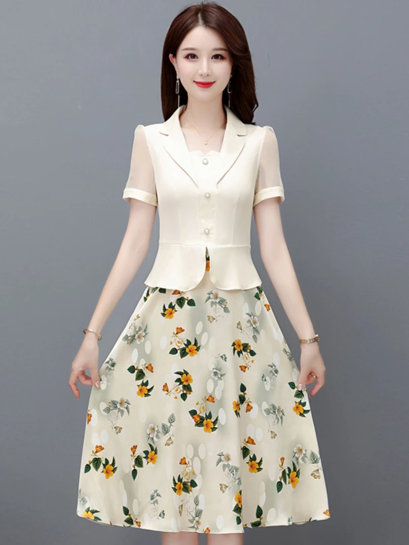 雪纺连衣裙子女士装夏季2024年新款春秋假两件妈妈气质短袖中长裙