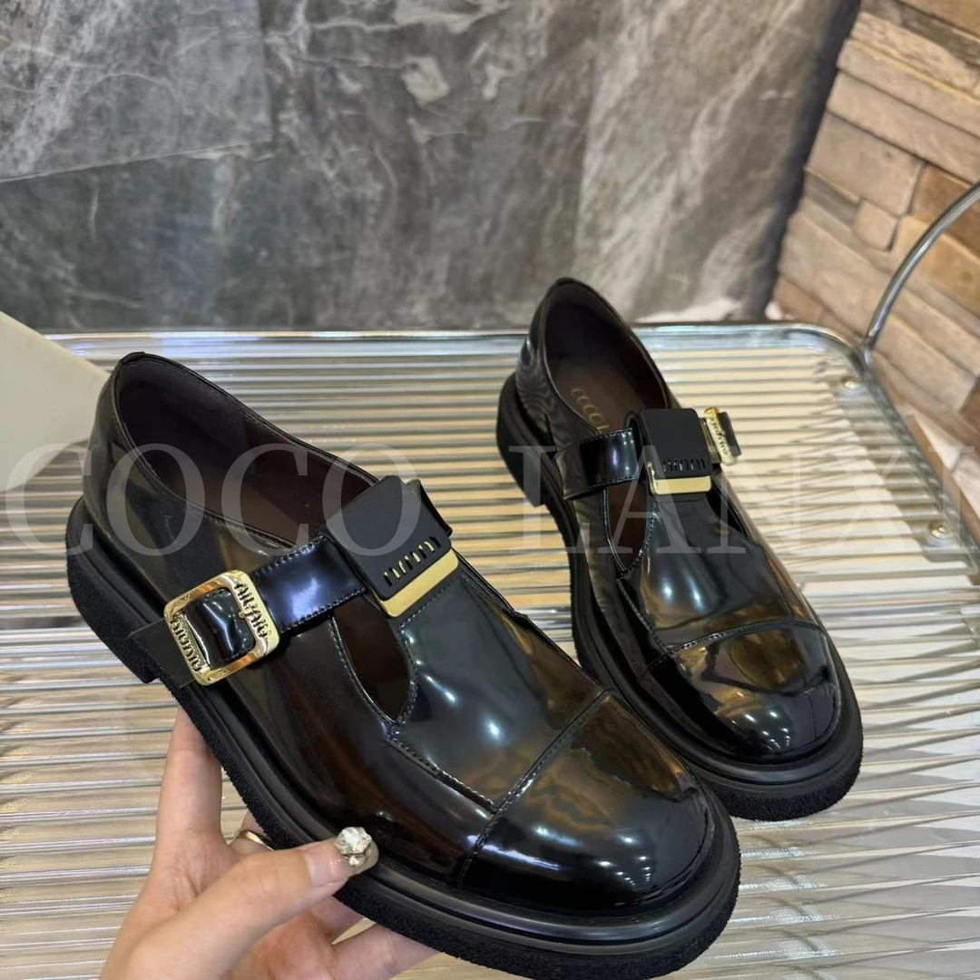 【COCO LANXI】圆头乐福鞋厚底乐福鞋时尚百搭黑色真皮24LF337LX