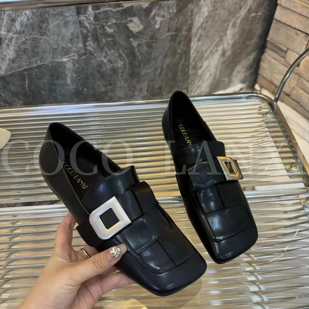 【COCO LANXI】百搭黑色方头低跟编织扣件小单鞋24DX284LX