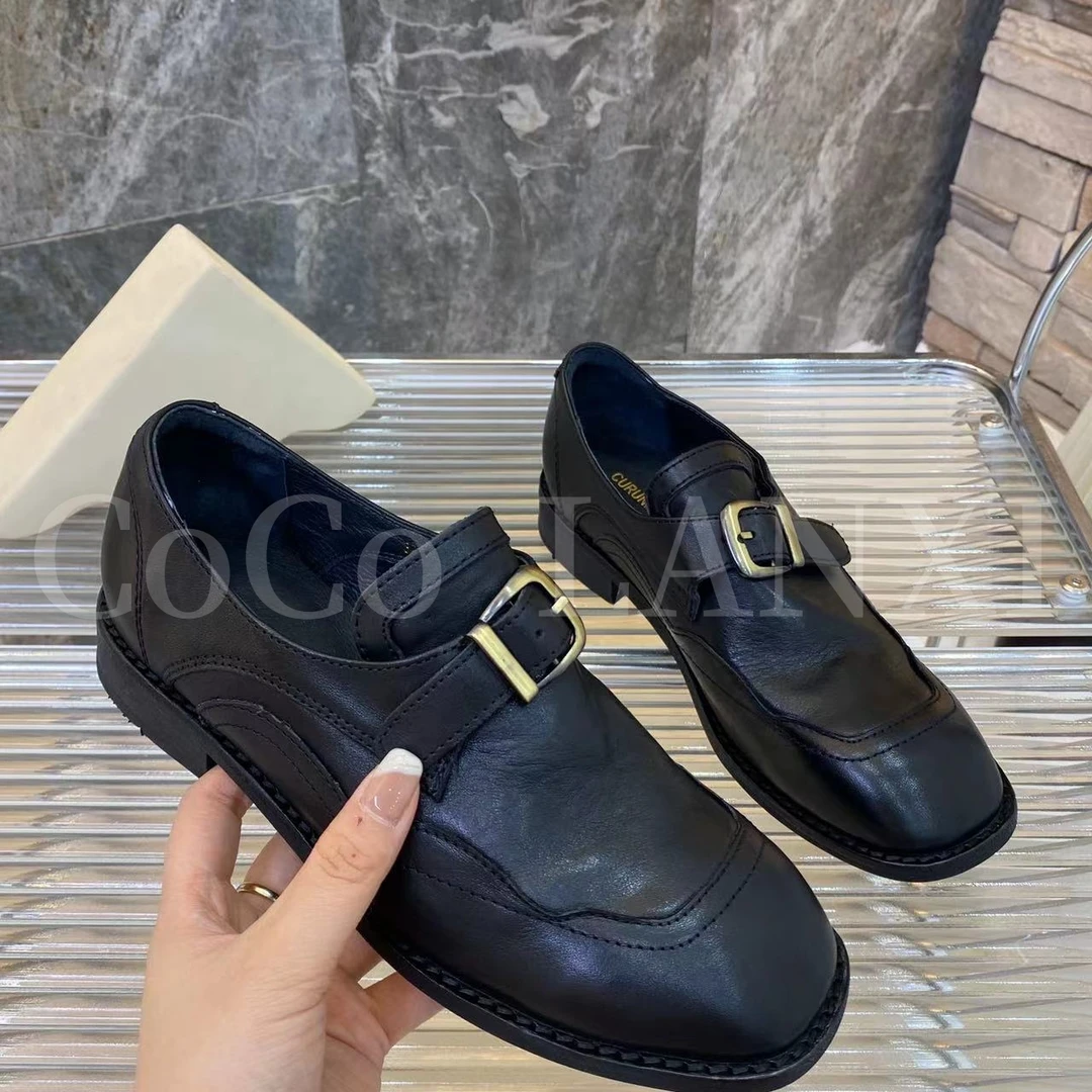 【COCO LANXI】圆头乐福鞋时尚百搭黑色真皮软底经典商务23l070