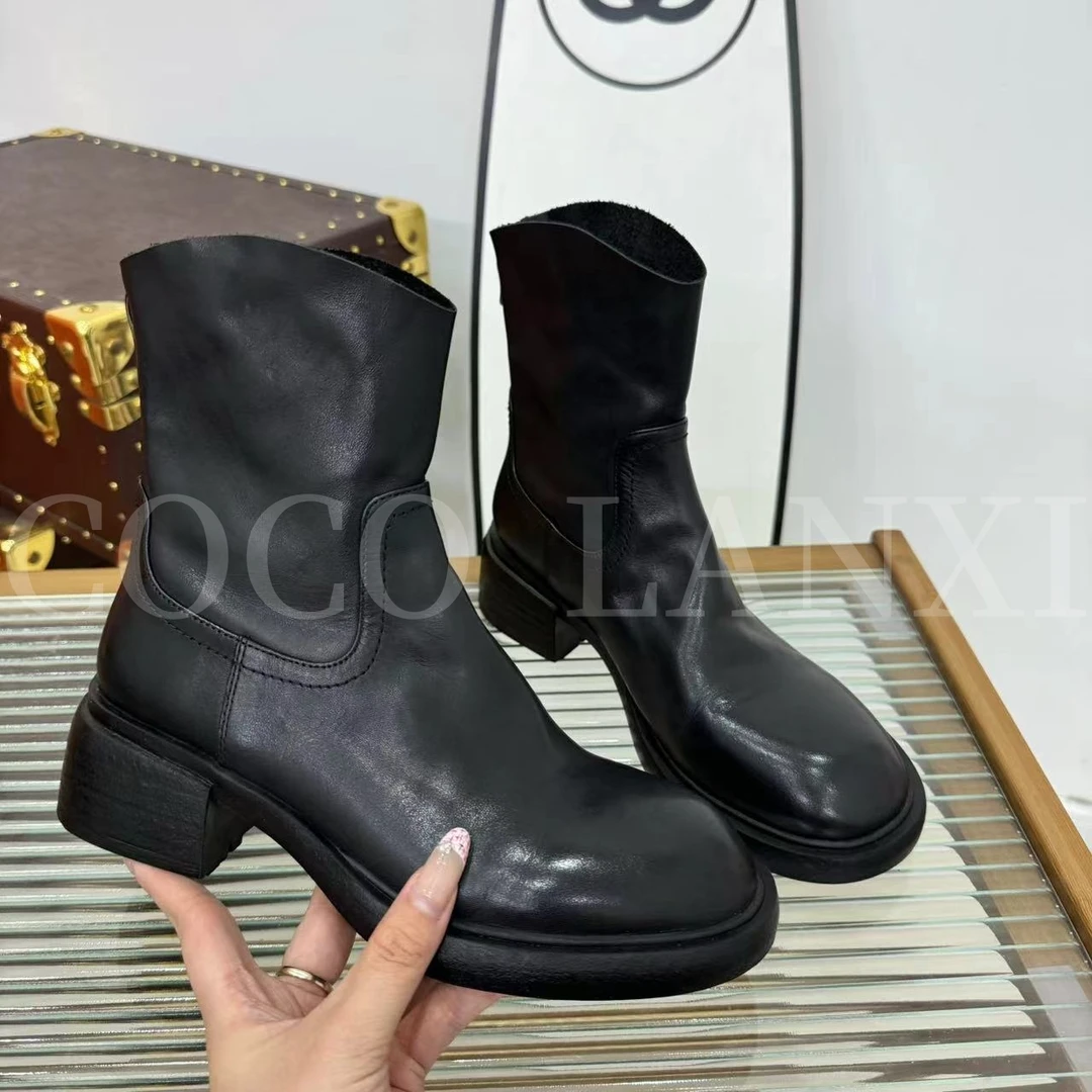 【COCO LANXI】时尚百搭女士黑色粗跟秋冬圆头英伦短靴24XZ412LX