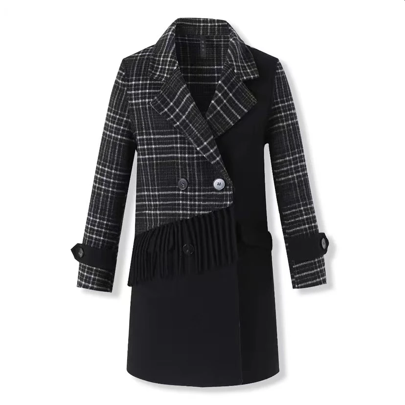【设计师高定款】格子拼接修身时尚大衣中长款外套格纹英伦