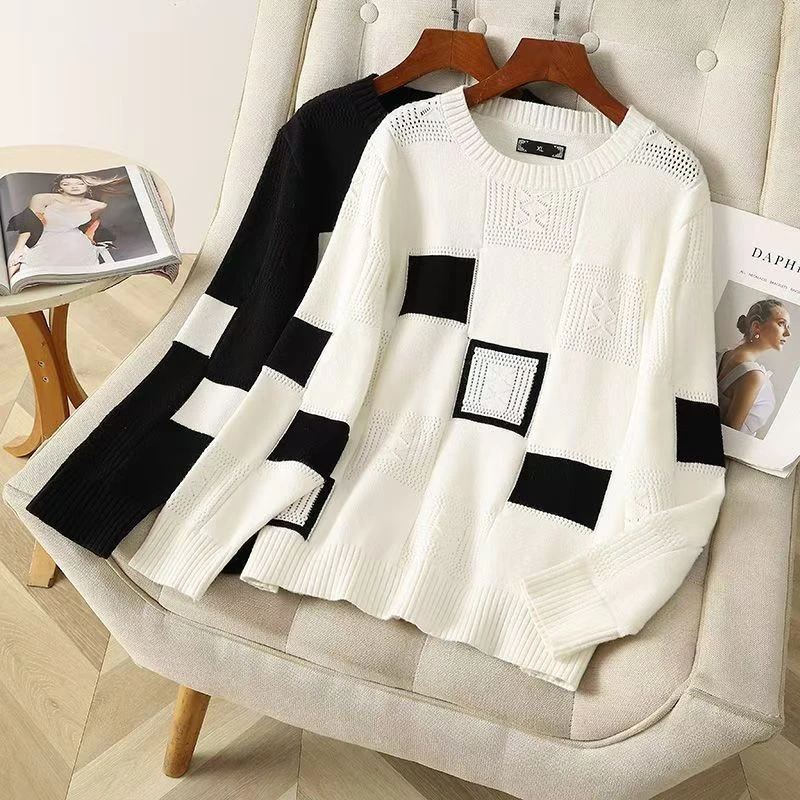 大码女装上衣休闲时尚百搭显瘦遮肉针织衫韩版宽松简约秋季5021