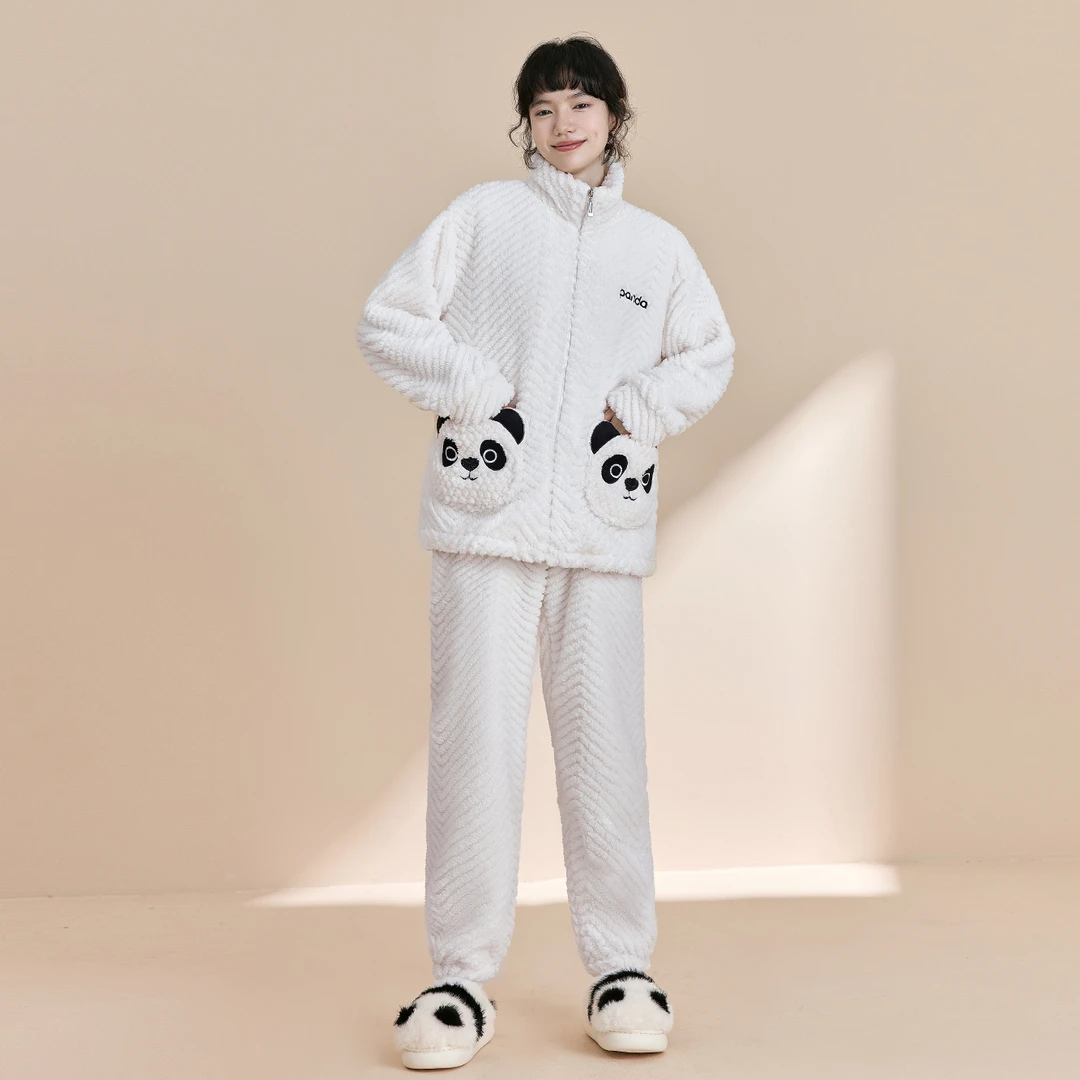 女士卡通可爱熊猫睡衣秋冬季加绒加厚家居服外穿拉链款两件套装