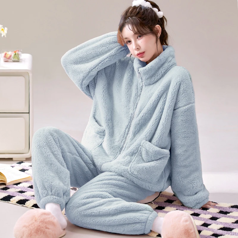 【奶油蓝】秋冬新款法兰绒睡衣加厚雪花绒女家居服珊瑚绒可外穿套