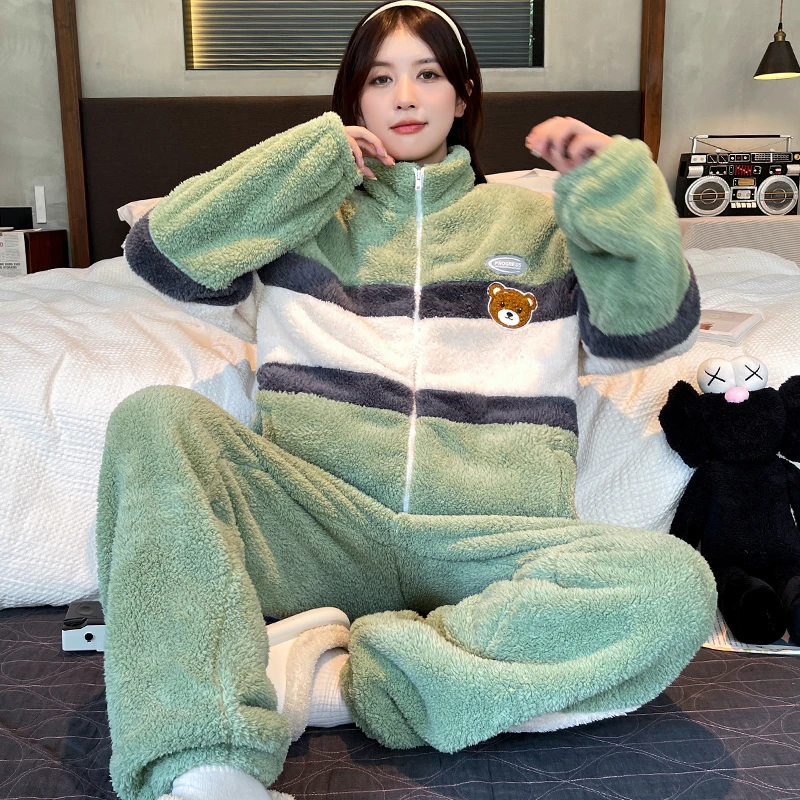 可外穿新款加厚加绒法兰绒家居服套装秋珊瑚绒睡衣女冬季韩版