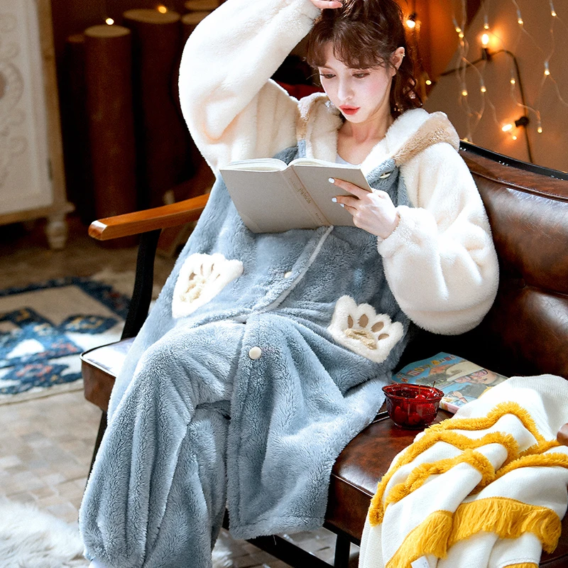 秋冬季珊瑚绒加厚加绒睡衣冬天新款长款睡袍法兰绒家居服套装