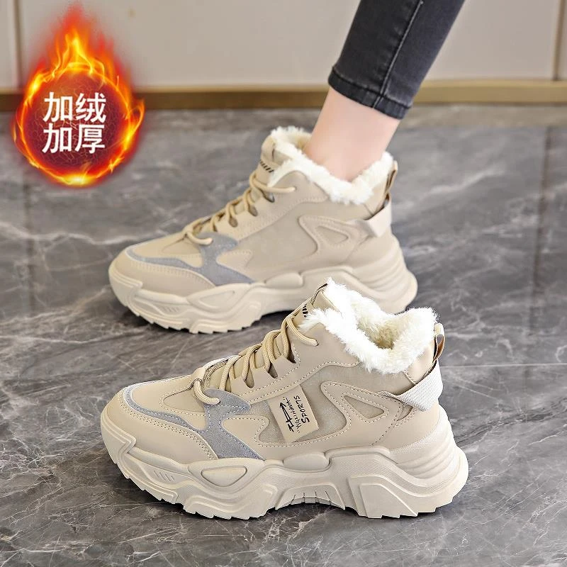 品牌东北雪地靴女款冬季加绒加厚老爹鞋女皮面防水防滑高帮保暖大
