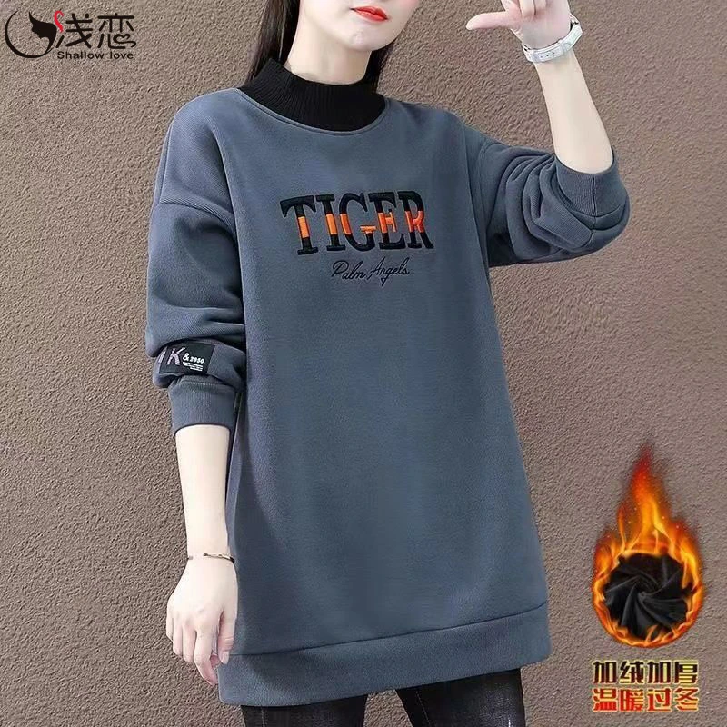 浅恋2023秋冬新款加绒加厚卫衣韩版假两件宽松半高领拼色休闲上衣