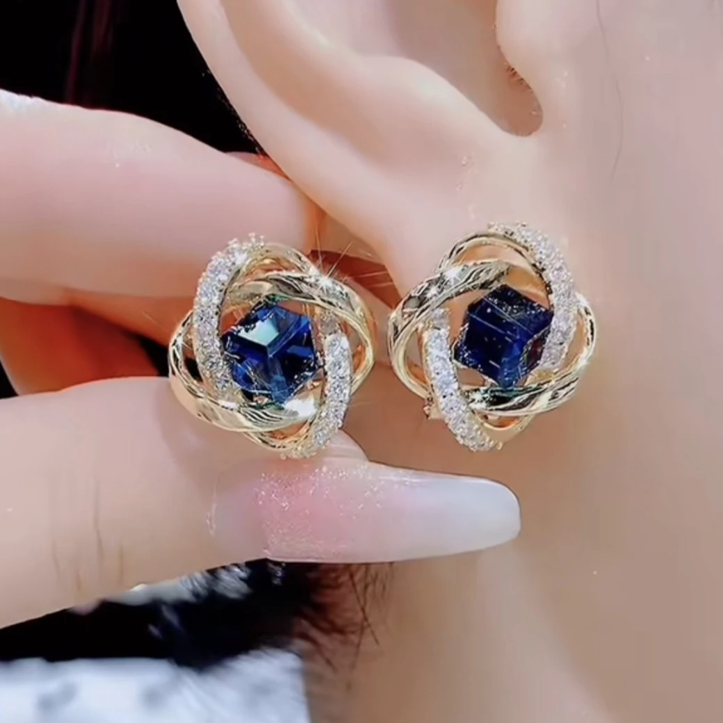 锌合金耳饰 蓝色妖姬玻璃耳扣满钻轻奢气质2024年新潮百搭
