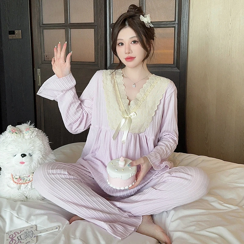 提花棉220斤大码睡衣女宽松2024春秋季甜美公主风长袖长裤家居服