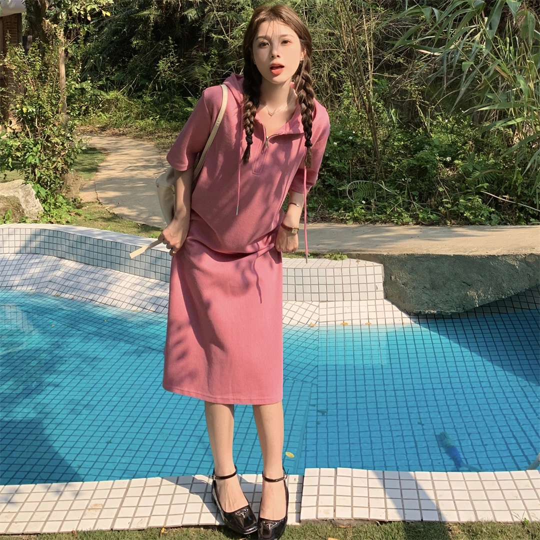 010简约休闲拉链连帽连衣裙遮肚子大码夏季新款宽松气质显瘦裙子