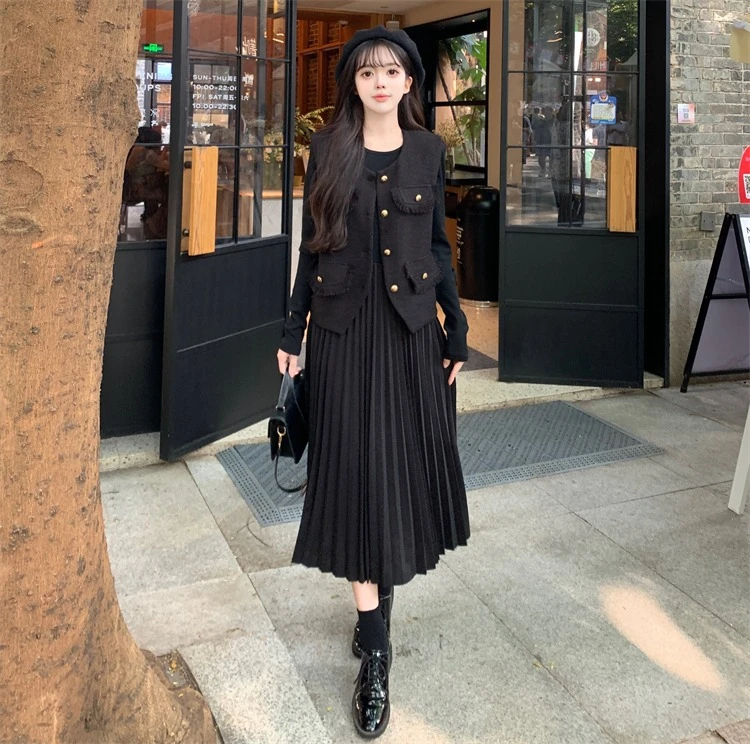 针织2024春秋新款小香风气质连衣裙显瘦马甲两件套GTX11