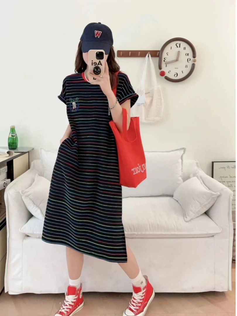 018夏季新款懒狗狗横条纹圆领短袖长裙落肩袖百搭长T恤裙街头时尚
