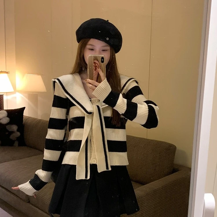 设计感海军领条纹时尚休闲百搭毛衣女2023秋季新款长袖针织开衫