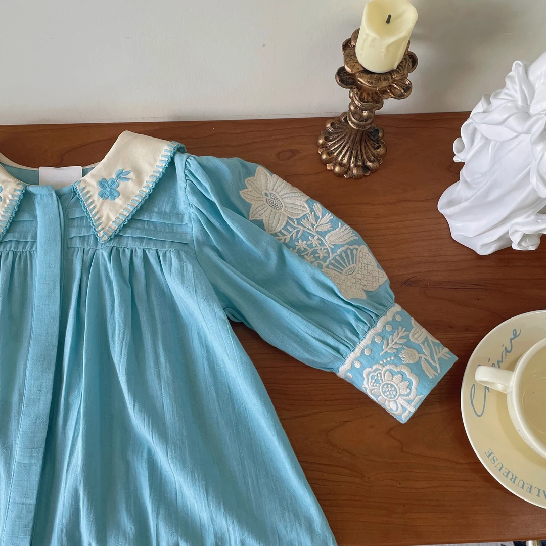 现货！儿童连衣裙 2024新款复古高定重工打揽刺绣花长袖女童公主裙