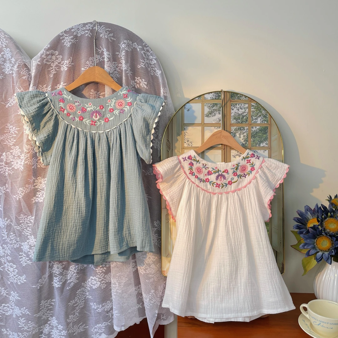 24年夏季女童田园风重工刺绣娃娃连衣裙