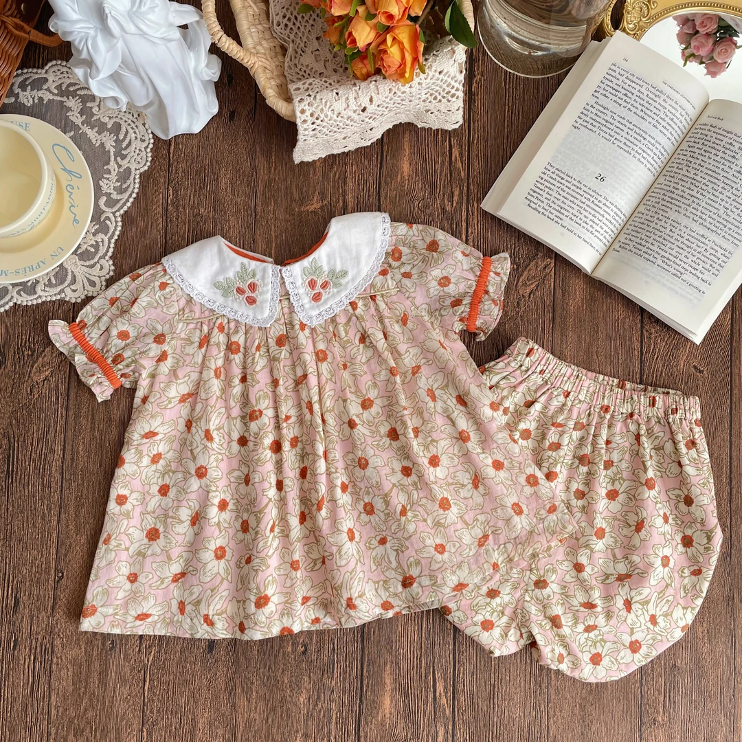 现货【浅橘】女童套装 24田园风碎花刺绣翻领娃娃衫上衣+短裤套装