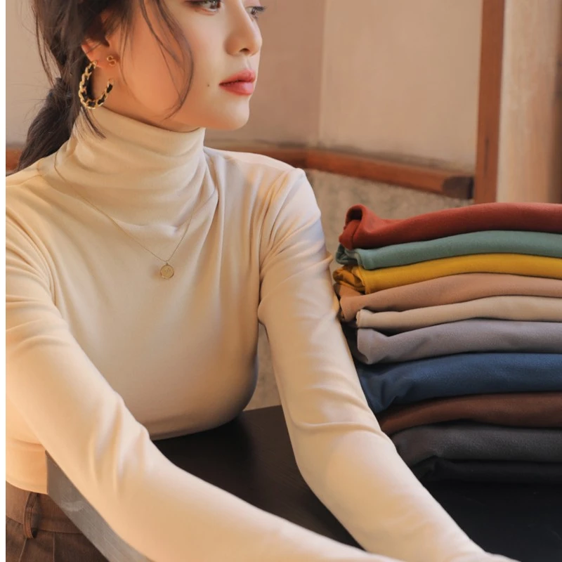 纯色德绒堆堆高领打底衫女内搭秋冬季加绒加厚长袖打底衣紧身t恤