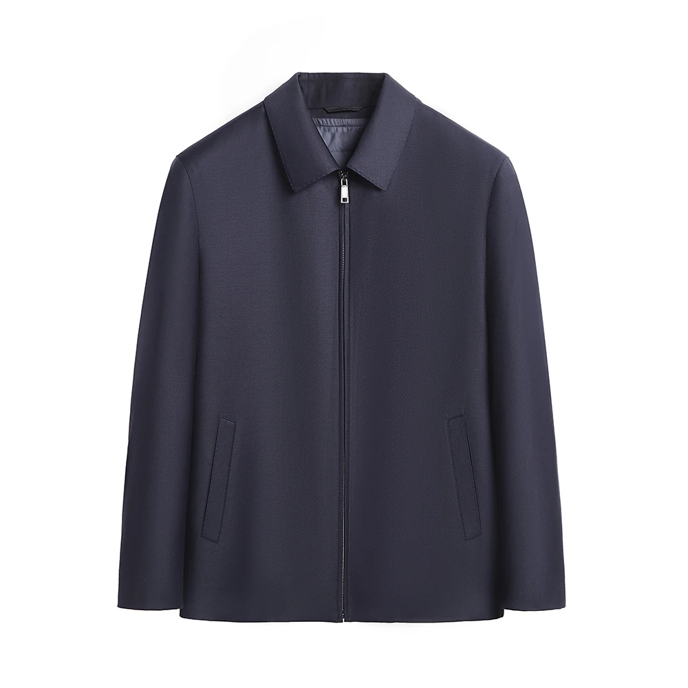 (2062)140s支鹅绒冬季精纺羊毛夹克行政新款纯色翻领休闲男外套