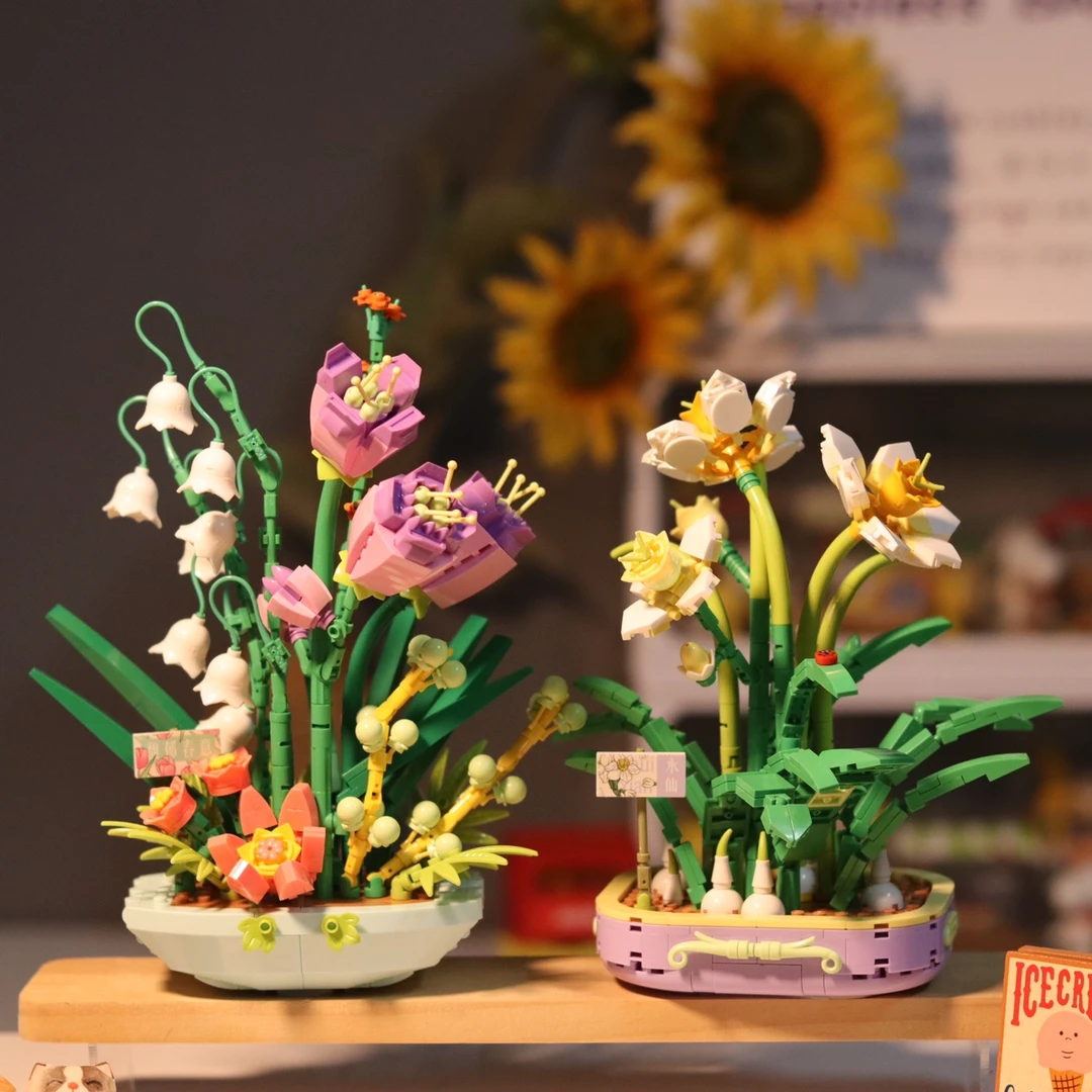 积木永生花束植物小颗粒拼装女孩摆件生日礼物玩具水仙花