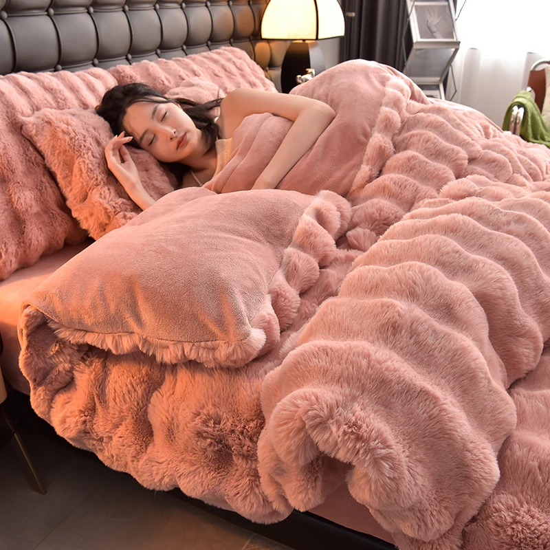 牛奶兔兔绒床上四件套加绒加厚双面珊瑚绒秋冬季被套床单三件套潮