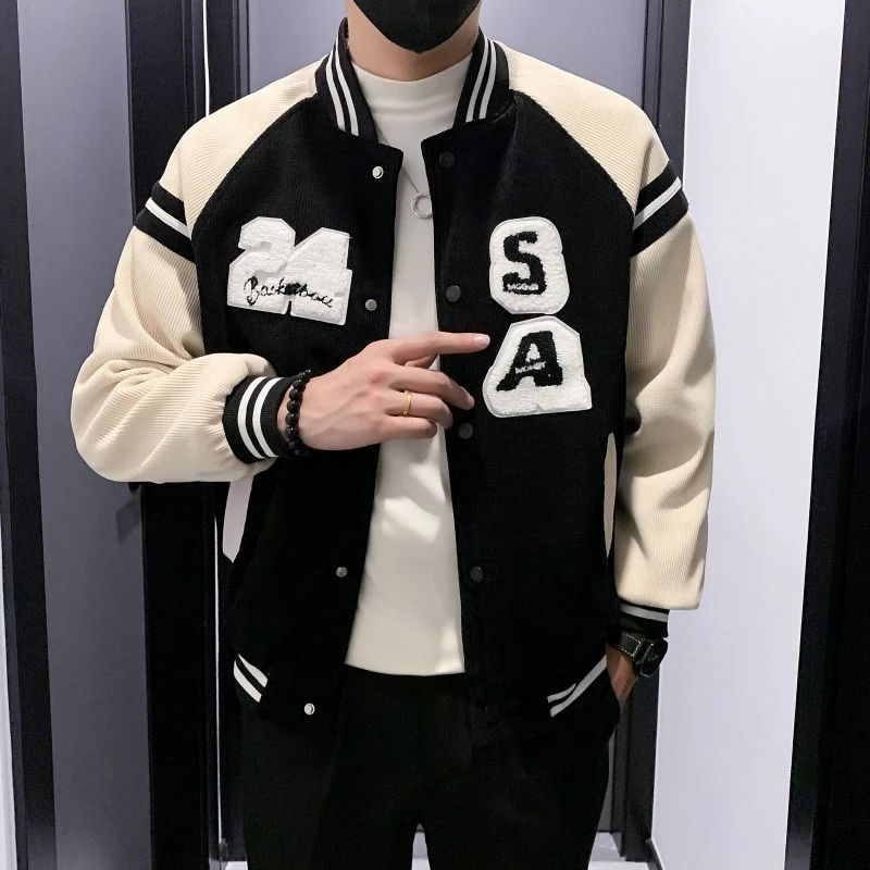 美式棒球服领外套男士春秋季男装上衣2023新款拼接休闲短款夹克衫