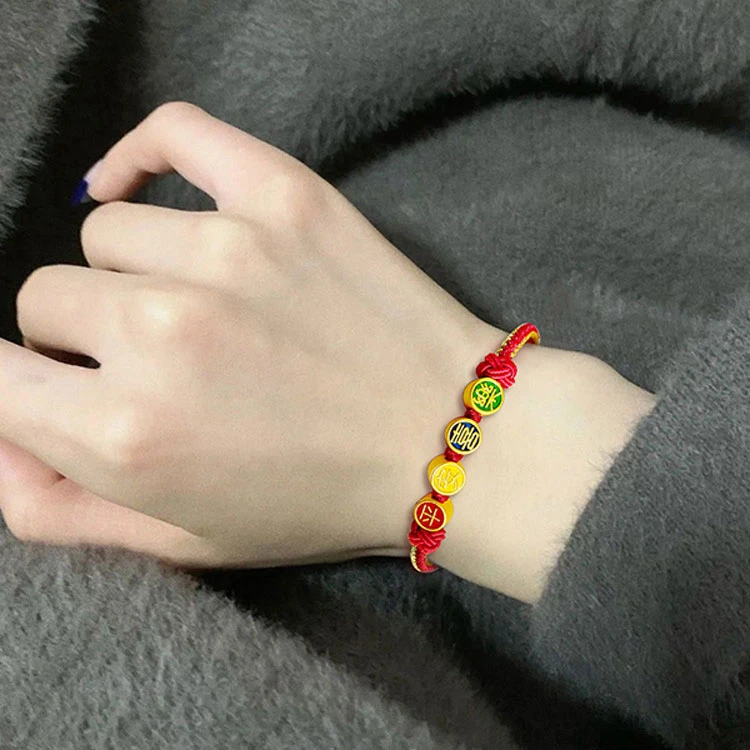 黄金手链女足金999平安喜乐情侣手链黄金编织红绳520礼物送女友