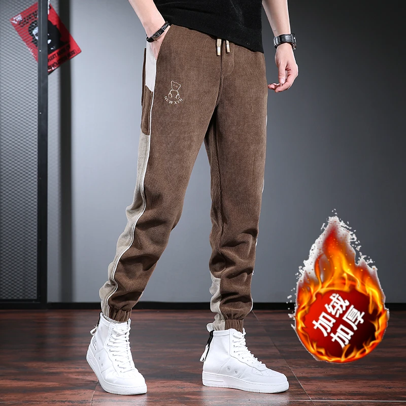 秋冬休闲裤男士百搭潮牌撞边休闲裤棕色加绒厚款大码男裤子长裤潮