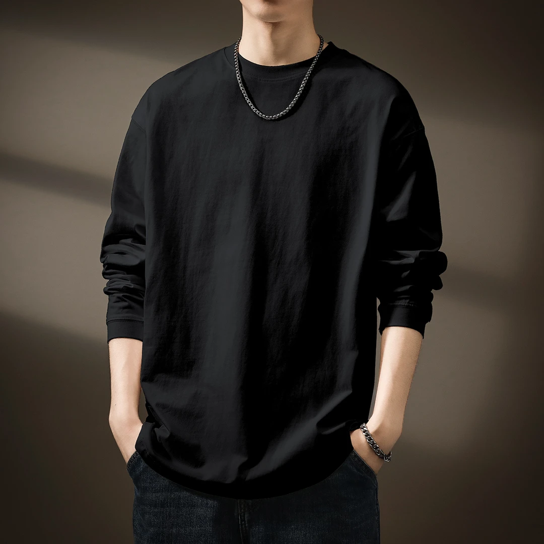 高端白色纯棉长袖t恤男宽松潮牌2024秋季新款圆领大码全棉打底衫T