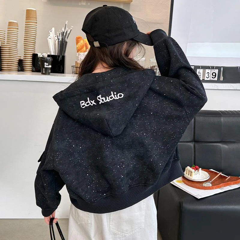 女童百搭外套春秋款2024新款亮片宽松连帽上衣女童儿童时尚春装潮