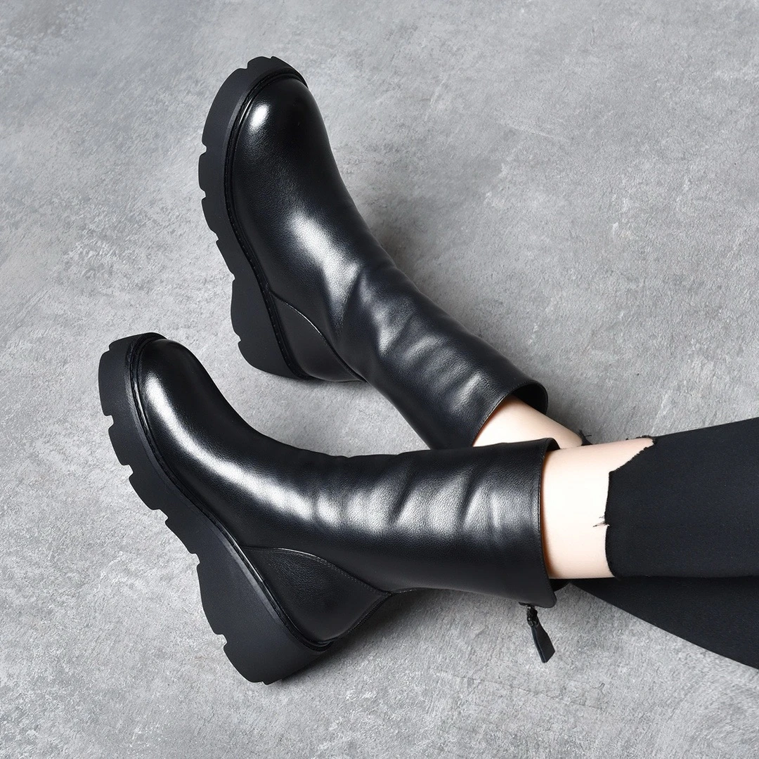 坡跟短靴女软皮女鞋厚底女靴2025新款秋冬季加绒真皮圆头中筒靴女