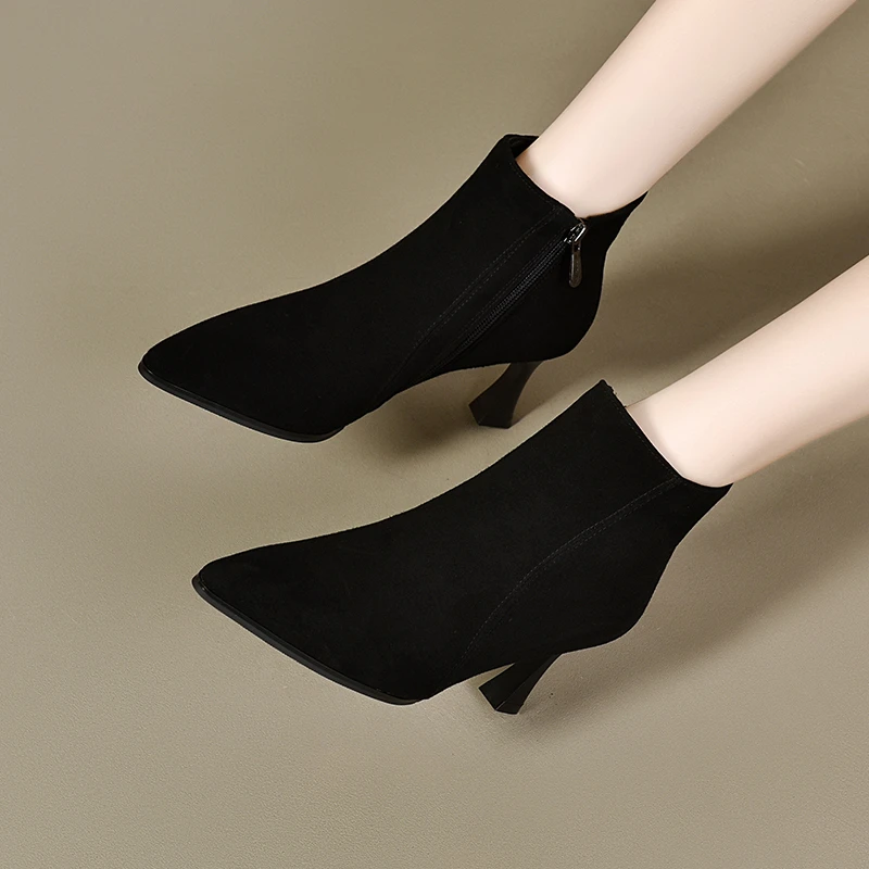 羊皮短靴女2025新款尖头绒面磨砂裸靴春秋单靴真皮法式小跟高跟鞋