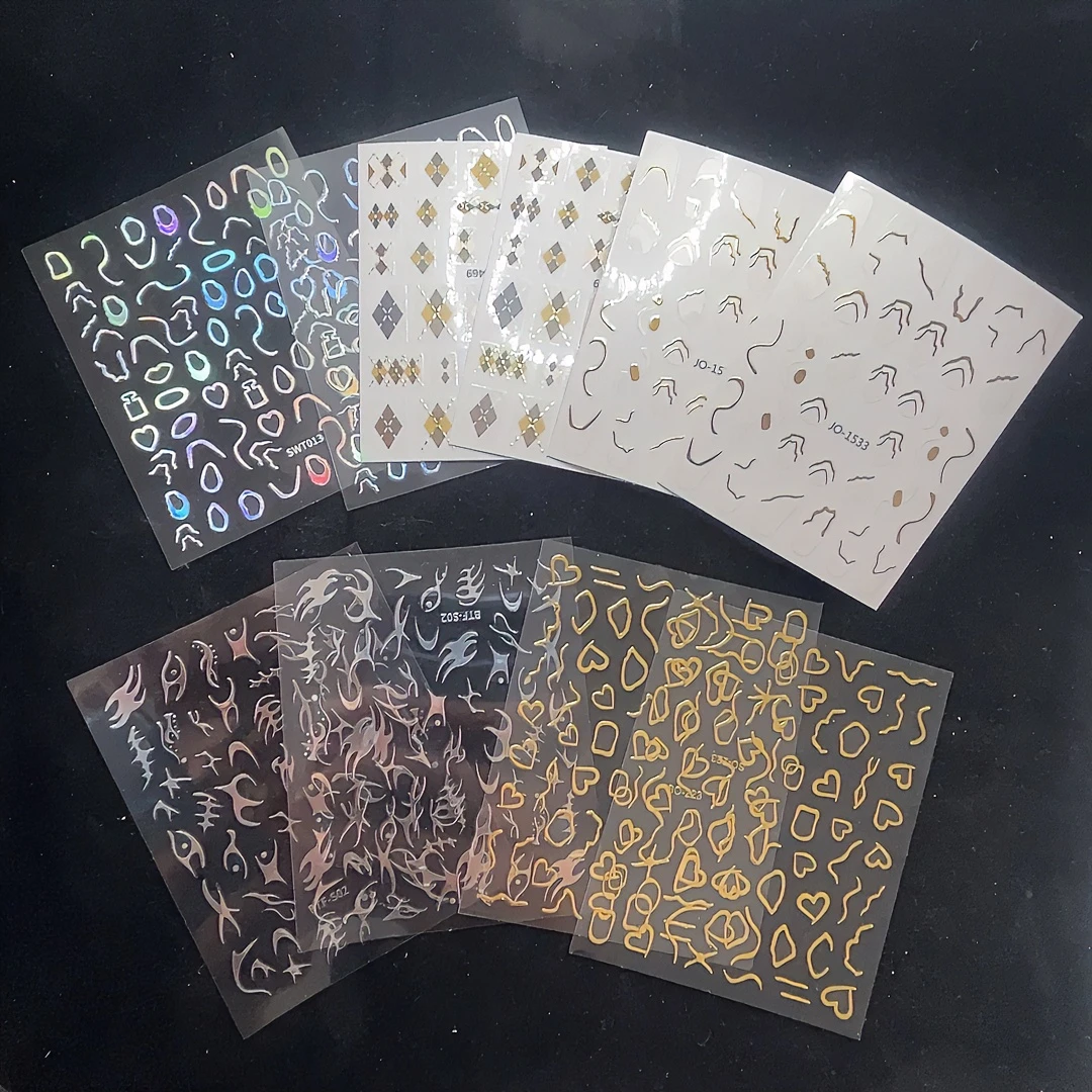 10张不规则美甲贴纸条纹几何山丘镭射烫金薄带钻可爱闪镂空贴片