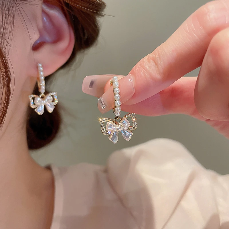 铜合金耳饰 蝴蝶结耳环女2024新款潮高级感耳饰珠珠耳钉气质名媛