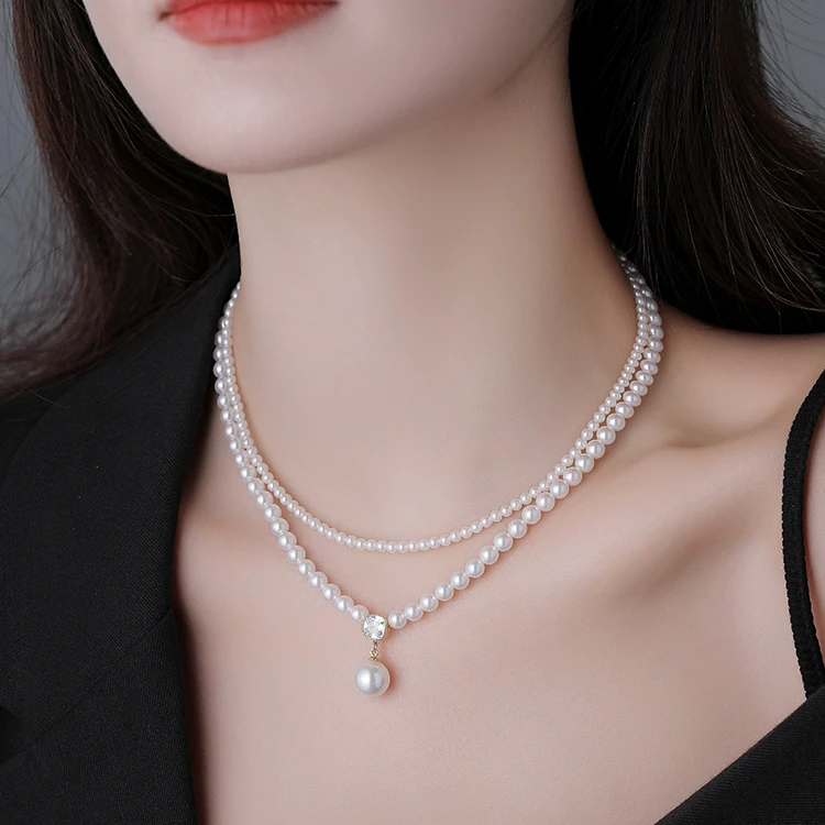 合金项链 法式气质设计双层叠戴小米珠珠项链锁骨链轻奢毛衣链女