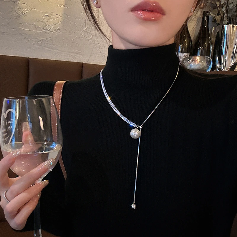 钛钢项链 可抽拉珠珠长款项链轻奢小众毛衣链设计高级锁骨链颈链