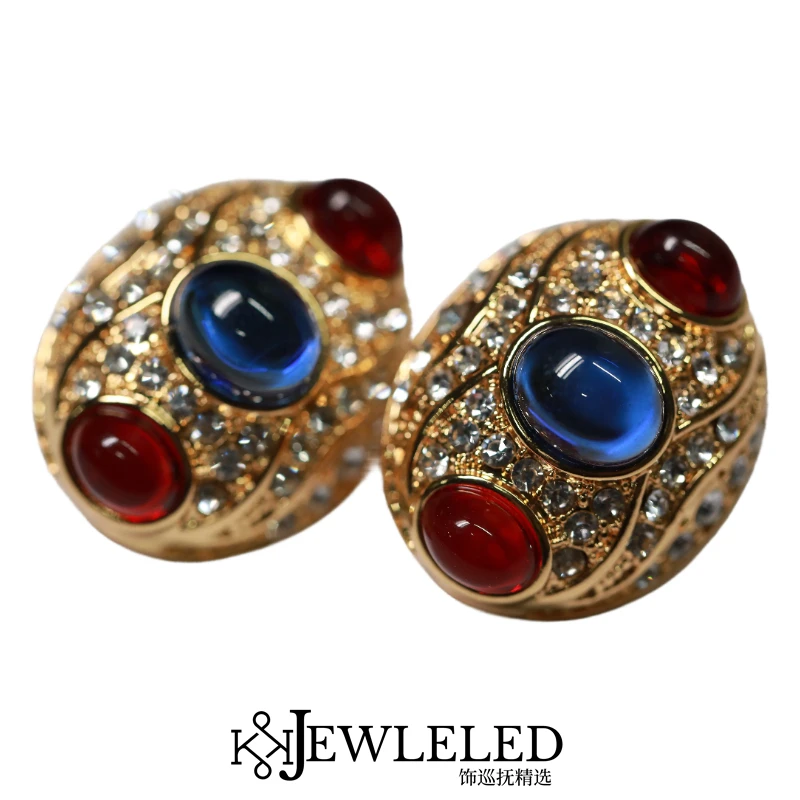 铜合金玻璃耳饰 手工气质复古古风中古镶嵌宫廷风素款轻奢时尚xp