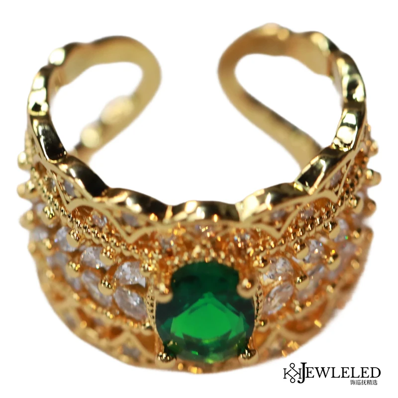 铜合金玻璃戒指 气质轻奢时尚彩色复古镶钻金色个性重工中古xp