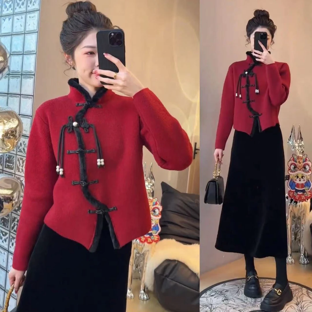 设计感新中式国风不规则盘扣立领长袖毛衣+中长款丝绒加厚半身裙