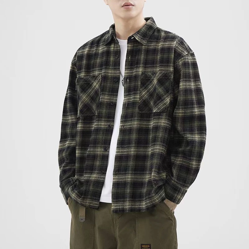 Z797潮流春夏日系时尚休闲格子衬衫男工装美式百搭翻领宽松外套