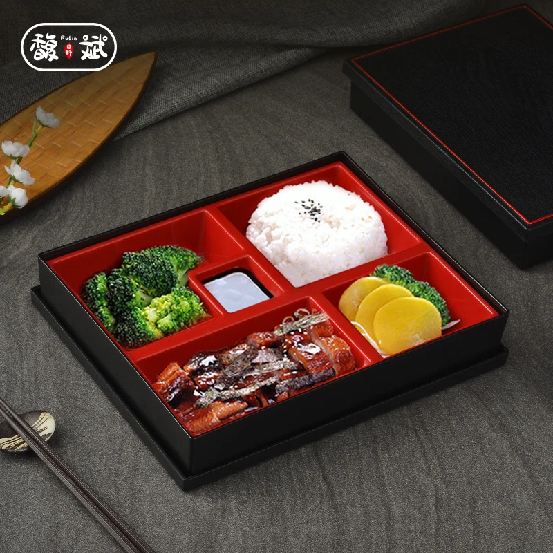 高档日式便当盒木纹商务套餐多格加厚分格盘寿司盒塑料打包快餐盒