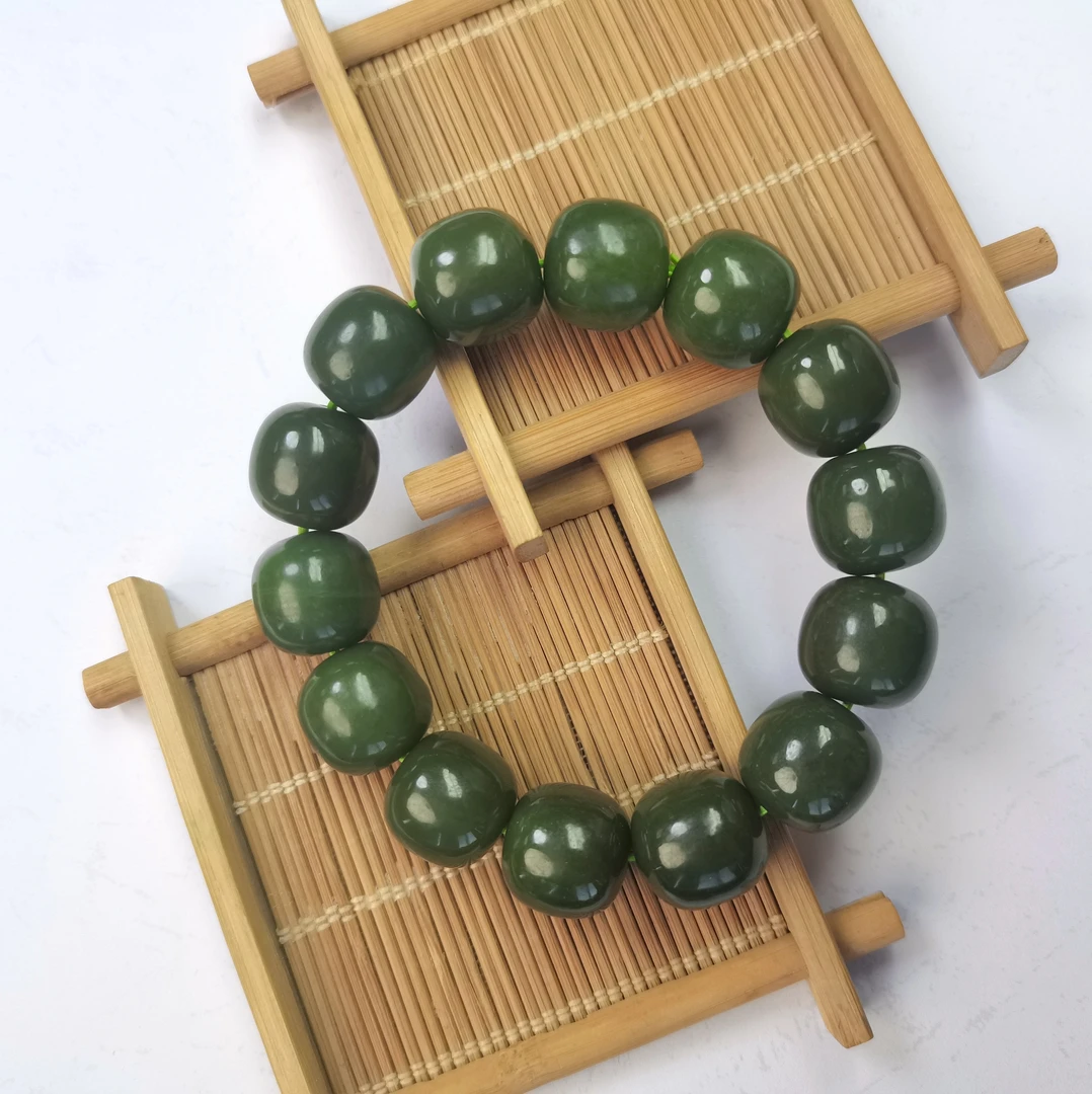 鹿总甄选  和田玉青黄口（橄榄绿）卡16老型珠手串 百搭（多样性发1）