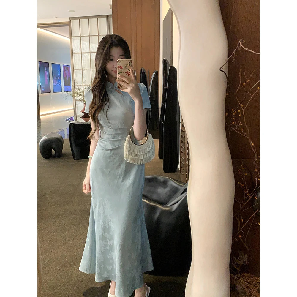 新中式复古改良旗袍女夏季暗纹提花短袖连衣裙354
