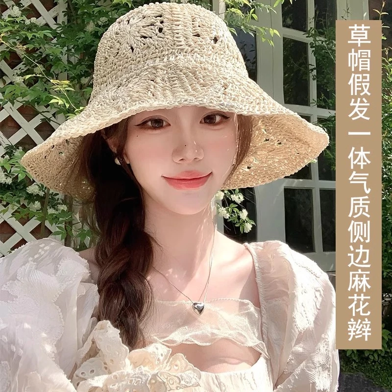 假发帽子女气质麻花辫草帽夏季防晒遮阳度假大帽檐卷发仿真发头套