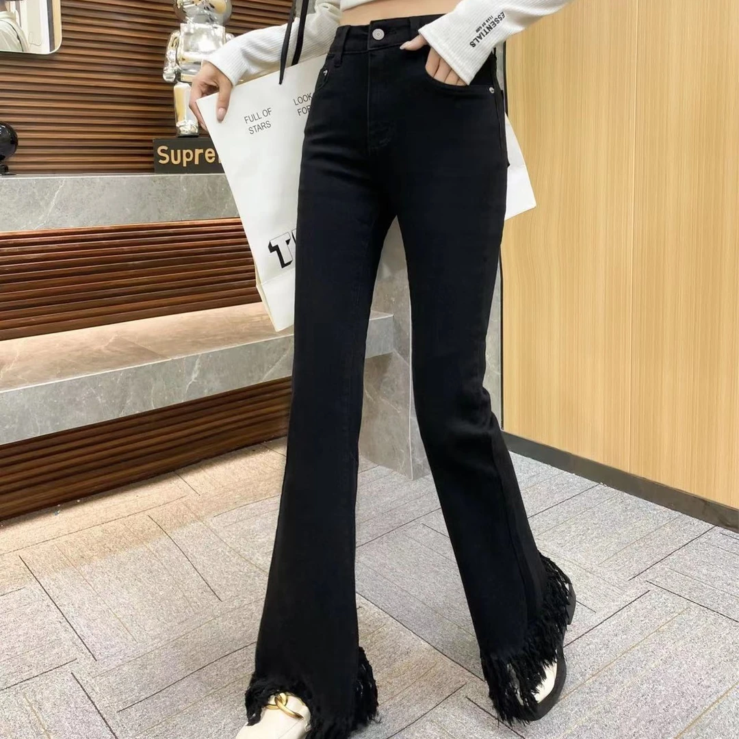 12HQ22463Annlobay安洛贝时尚流苏喇叭裤牛仔裤