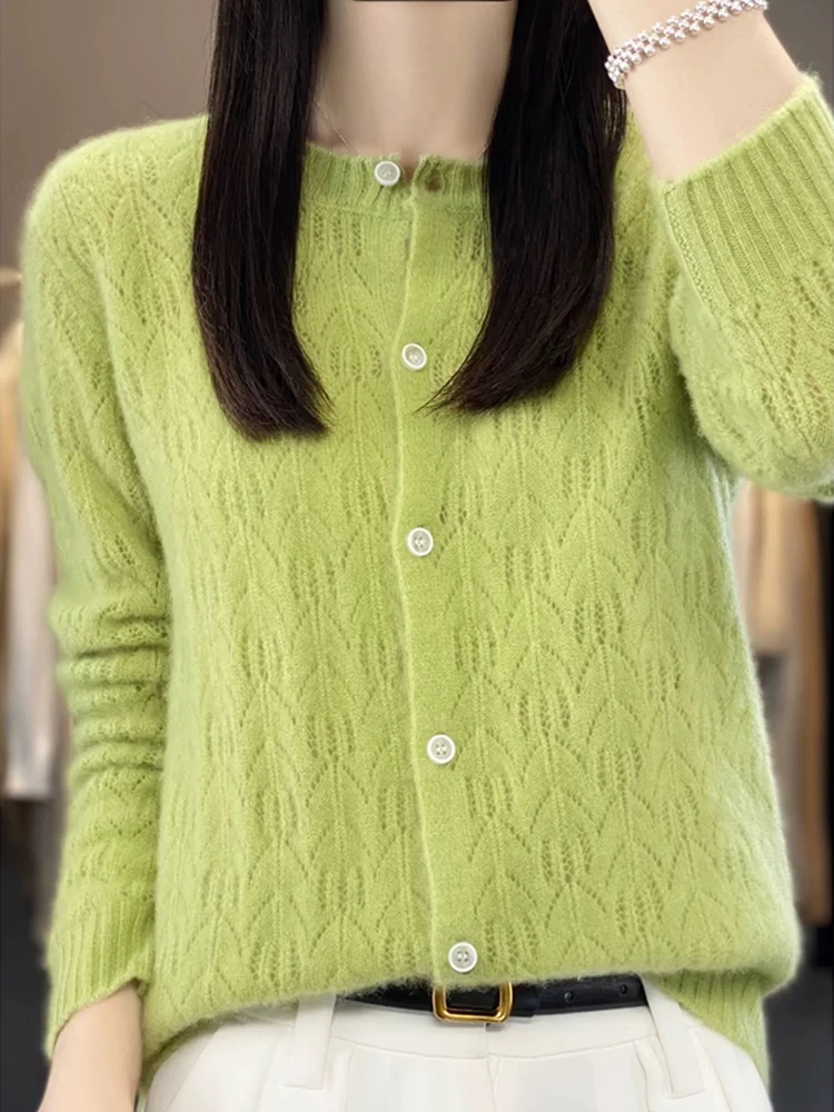 【一线成衣】100纯羊毛果绿色翎羽提花纯羊毛开衫针织衫毛衣YR008