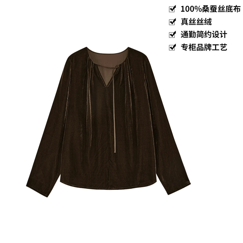 100桑蚕丝丝绒高级感小镂空系带圆领长袖女真丝丝绒上衣CX328
