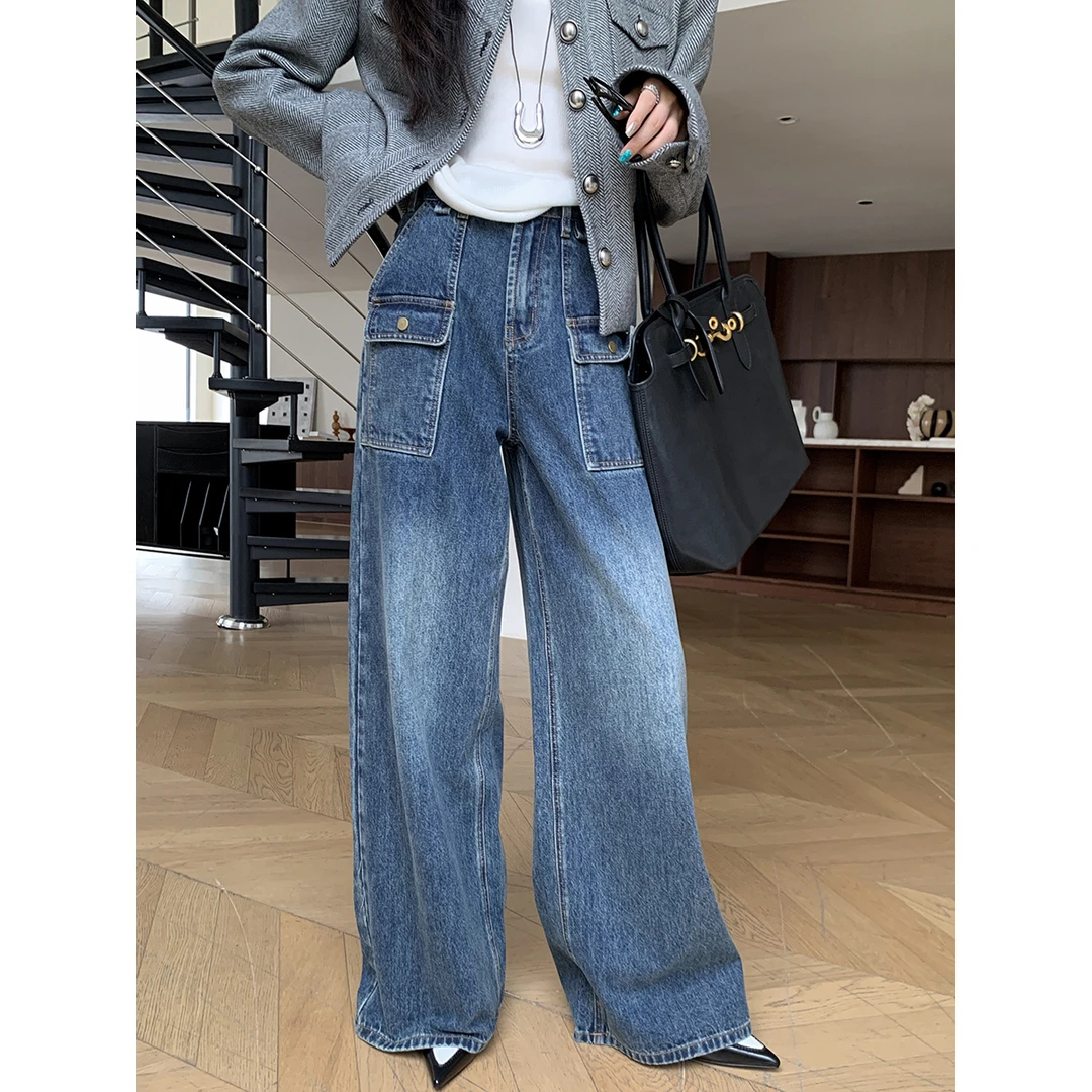 安酒月【海岸邮差】多口袋阔版牛仔裤女宽松直筒水洗裤子AJ4HNK10