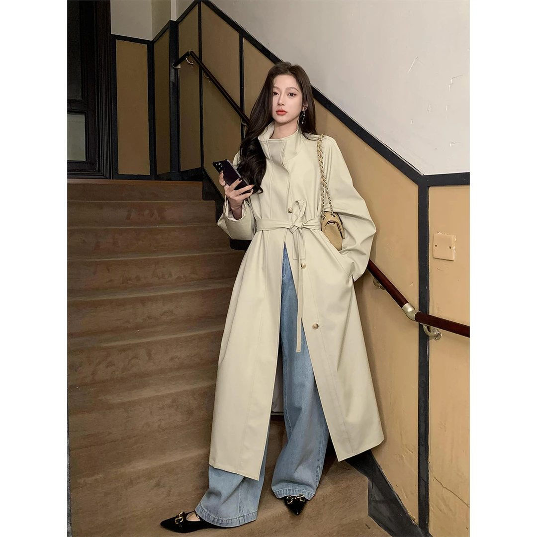 安酒月【涉谷十字街区】简约宽极简风立领长款风衣AJ4BSF10-00